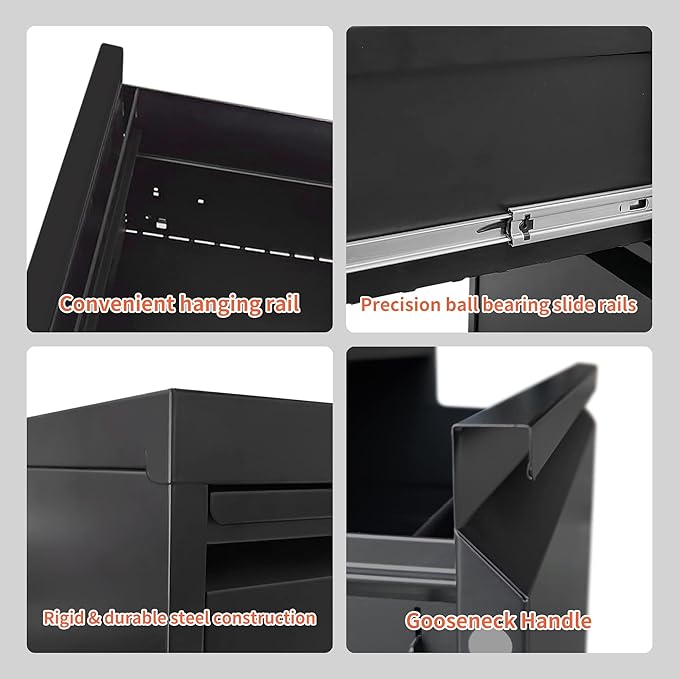 4 Drawer File Cabinet with Wheels,Metal Mobile Filing Cabinets with Lock,Black Rolling File Cabinet for Home Office,Heavy Duty Storage Cabinet for A4/Letter/Legal Size File,Assembly Required