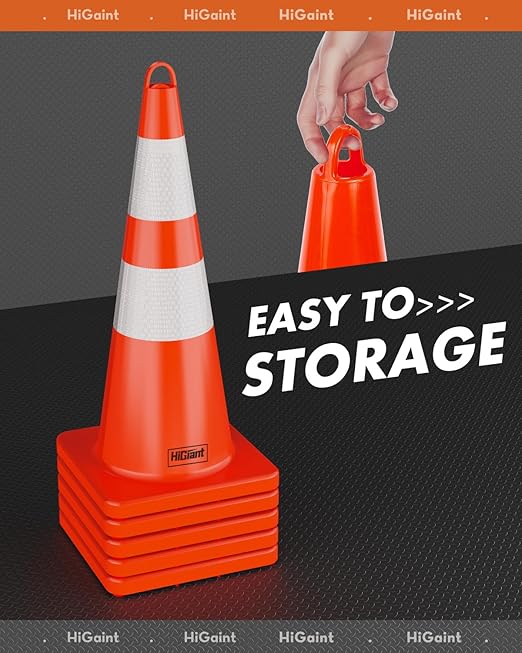 [48 Pack] HiGiant 28 inch Traffic Safety Cones with Reflective Collars, Sturdy Orange PVC Cones for Road Safety, Parking lot and Driving Training