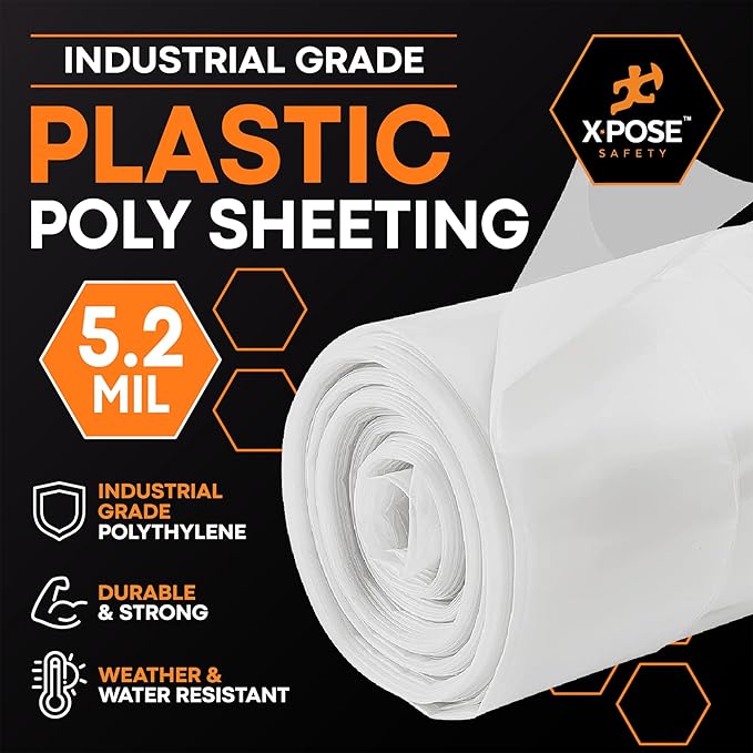Xpose Safety Clear Plastic Sheeting 2 Pack – 10' x 100' Rolls – Heavy Duty 5.2 Mil Poly Sheet – Waterproof, Dustproof, Vapor Barrier – for Construction, Painting, Industrial Use