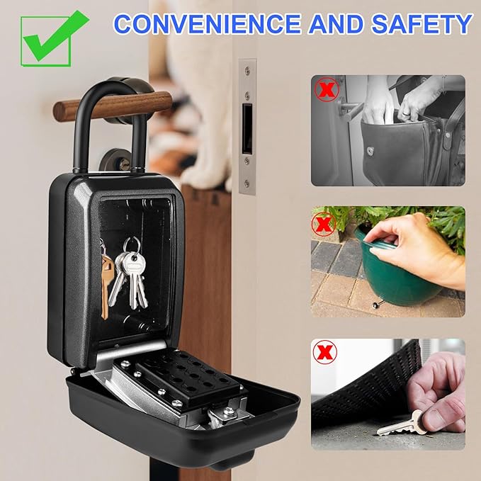 Key Lock Box, 12-Digit Code, Weatherproof Wall Mount, Large Capacity 5-8 Keys, Aluminum Alloy (Black, 3.58 * 2.24 * 7.8IN with Shackle)