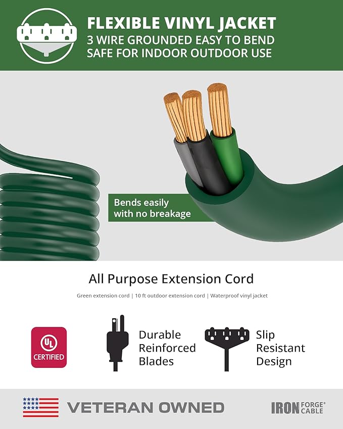 Iron Forge Cable 10ft Green Outdoor Extension Cord with 3 Outlets - 16/3 SJTW 10ft Extension Cord 3 Prong, 13 Amp All-Weather Heavy Duty Power Cable