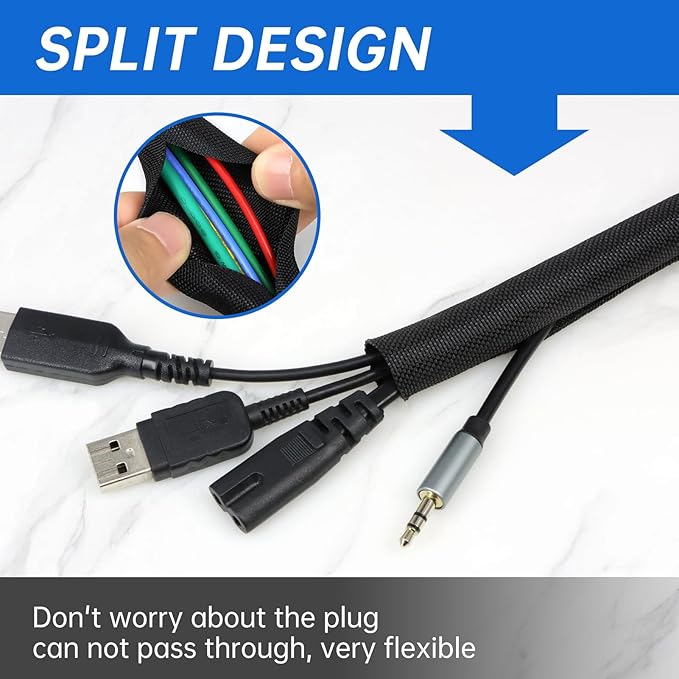 Split Braided Cable Sleeve，Flexible Wire Loom Tubing, Automotive Cord Protector Pet Proof, Cable Management for Computer TV Electric Wires Harness 16ft (Black, 30mm（1-3/16")