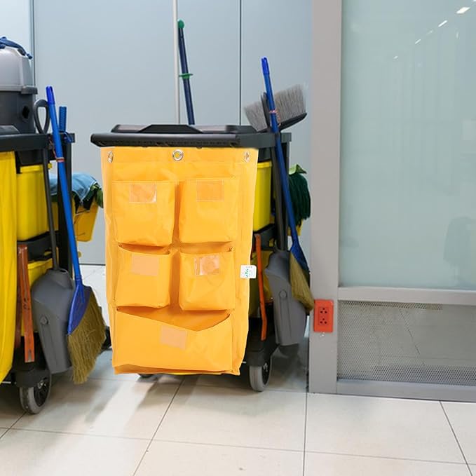 VALICLUD Replacement Waterproof Janitorial Cleaning Cart Bag with 5 Additional Compartments, Yellow Fabric Housekeeping Cart Storage Bag for Hotel and Commercial Cleaning Supplies