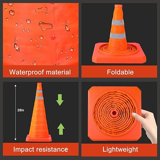 [12 Pack]28 Inch Collapsible Traffic Safety Cones - Parking Cones with Reflective Collars, Orange Safety Cones for Parking lot, Driveway, Driving Training etc