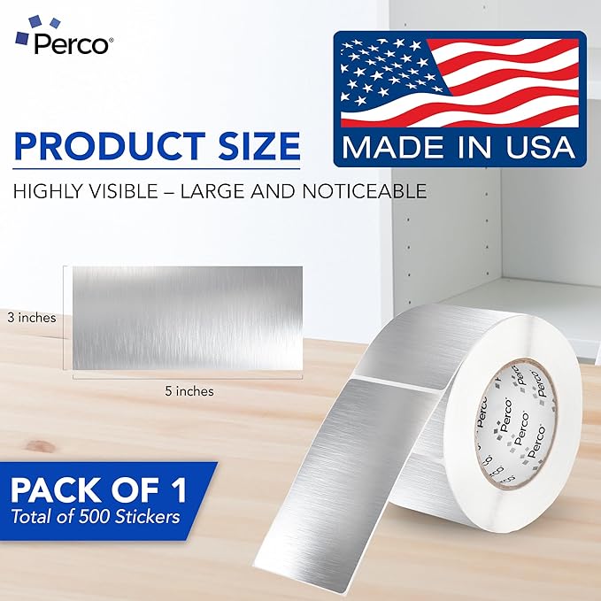 Perco Metallic Silver 3x5 Inch Perforated Sticker Labels — 150 Stickers Per Roll — with Permanent Adhesive for Product Labeling, Gift Boxes, Event Signage, Decorative Packaging & More — Made in USA
