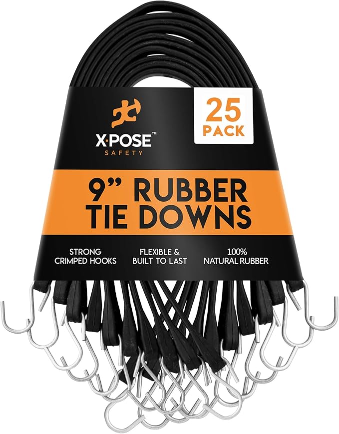 Rubber Bungee Cords with Hooks 25 Pack 9 Inch (14” Max Stretch) Heavy-Duty Black Tie Down Straps for Outdoor, Tarp Covers, Canvas Canopies, Motorcycle, and Cargo - by Xpose Safety