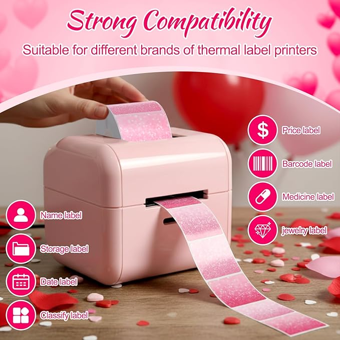 Ctosree 500 Pcs/ 1 Roll Thermal Sticker Labels Self Adhesive Direct Thermal Labels Multipurpose Printer Stickers for DIY, Name Tag(Heart,1.5 Inches,Shimmering Pink Gradient)