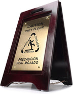 Premium Wooden Caution Wet Floor Sign – Bilingual w/Non-Skid Plastic Feet – For Hotels, Schools, Offices, Areas, Restrooms, Pool Decks & Shops - Brass Plate - (2 Pack)