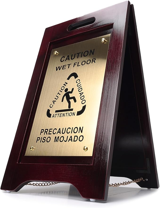 Premium Wooden Caution Wet Floor Sign – Bilingual w/Non-Skid Plastic Feet, Brass Plate – For Hotels, Schools, Offices, Areas, Restrooms, Pool Decks & Shops