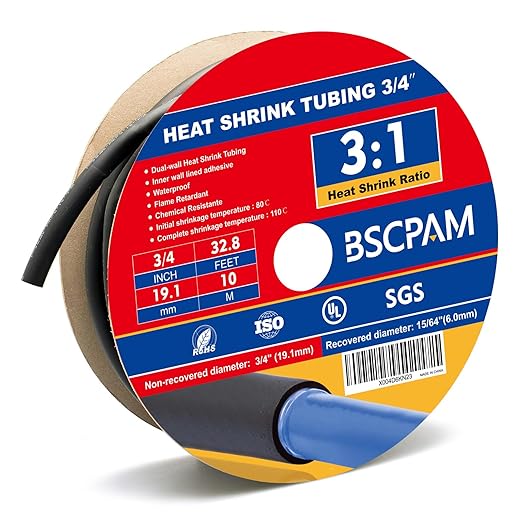 3/4" Heat Shrink Tubing, 32.8 Ft Roll Industry Marine Grade 3:1 Shrink Ratio Shrink tubing, Adhesive Lined Heat Shrink Tube, 19.1mm Waterproof Shrink Tube for Wires Home Marine Automotive-Black