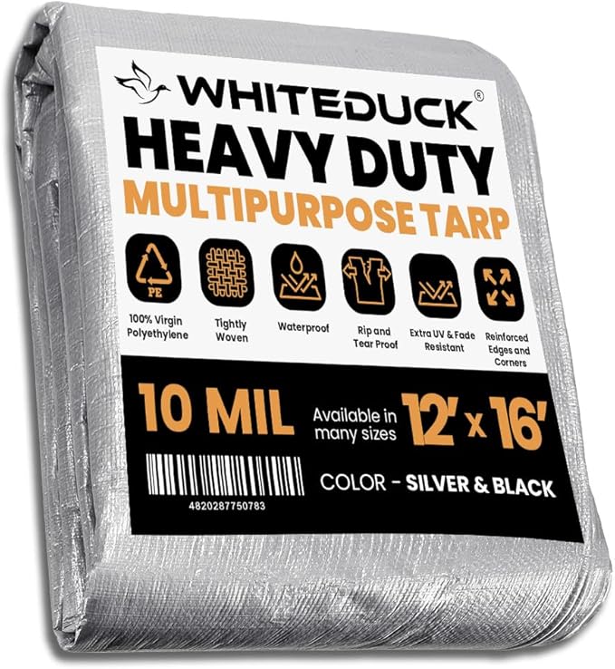 WHITEDUCK Super Heavy Duty Poly Tarp Cover 16 Mil & 10 Mil with Grommets and Reinforced Edges (Brown, White & Silver Black) (Silver Black- 10 Mil, 12' x 16')