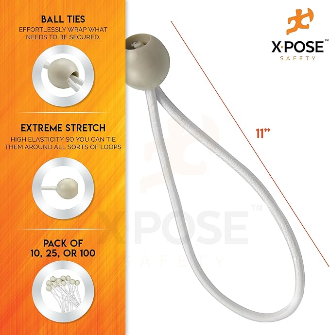 Xpose Safety Bungee Ball Cords 11" 25 Pack Heavy Duty White Stretch Rope with Ball Ties for Canopies, Tarps, Walls, Cable Organization