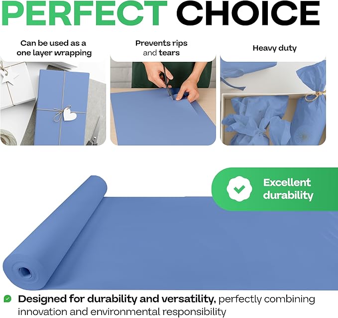 12" x 1200" (100 feet) Blue Kraft Paper Roll - USA-Made Quality Craft Paper for Gift Wrapping, Kids' Arts & Crafts, School Projects - 100% Recycled Natural Material 50lb Thickness by IDL Packaging