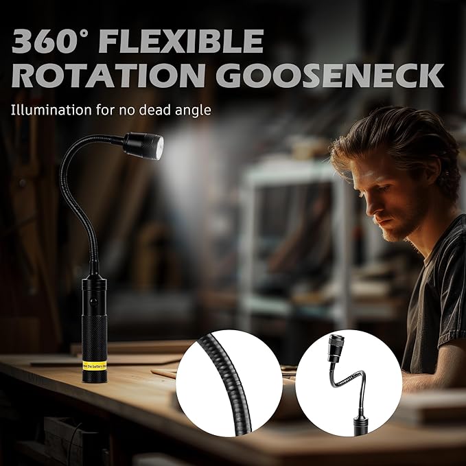 LED Work Light, 500 Lumen Gooseneck Magnetic Light, Zoomable Flexible Led Flashlight, Waterproof Job Site Light for Work Bench, Auto-Repairing, Inspection, Emergency