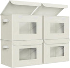 Univivi Fabric Foldable Storage Boxes with Lids [4-Pack] Collapsible Storage Bins for Clothes Closet Organizers with Handles Storage Cube Basket for Home, Office, Bedroom (Beige, 17"" x 12"" x 12"")