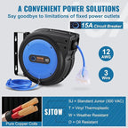 VEVOR 65FT Retractable Extension Cord Reel, 12AWG/3C SJTOW Heavy Duty Power Cord w/Lighted Electrical Triple Tap Outlets, 15A Circuit Breaker,180° Swivel Bracket for Workshop or Garage, Blue