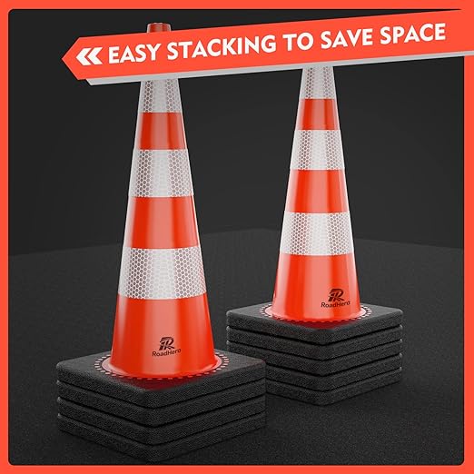RoadHero 12 Pack Traffic Safety Cones 36 Inch, PVC Cone with Black Weighted Base, Orange Cones with Reflective Collars for Parking Lot, Road Safety, Construction Events