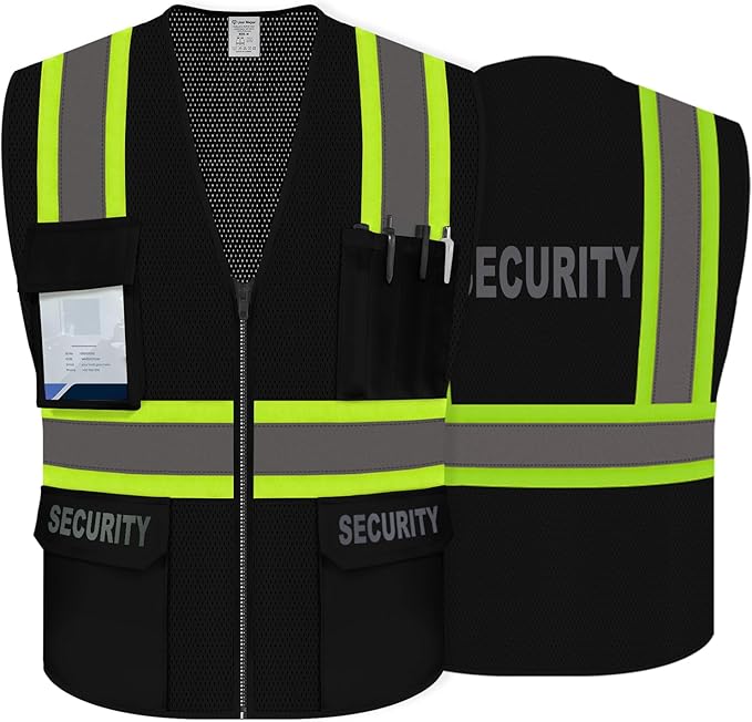 Security Vest for Men Women, High Visibility Vest with Pockets & Zipper, Neon Work Wear with Reflective Strips, ANSI Compliant, Black, 2XL