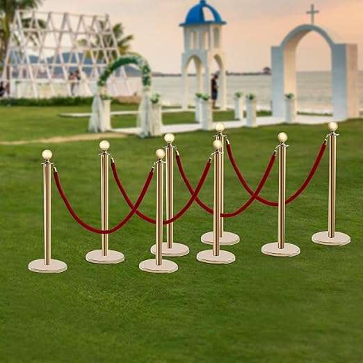 Gold Stanchions Posts, 8 Packs Stanchions Set Crowd Control Barriers with 4.9 ft Red Velvet Rope, Stanchion and Velvet Ropes Red Carpet Poles for Party Supplies