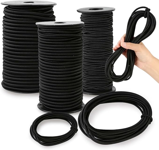 Strong and Durable Bungee Cord - 1/4" x 25ft Elastic Cord, Kayak Stretch String Rope, Bungee Shock Cords for Repairing Tent Poles, DIY, Tie Downs, Black
