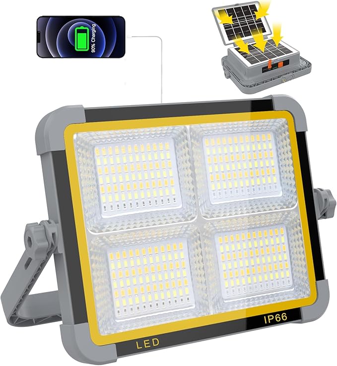 ERAY Rechargeable LED Work Light, Portable Worklight with Dual Solar Panels & 9000mAh Battery, Solar Camping Lights, 4 Lighting Modes Work Lights for Outdoor Emergency Building Car Repairing（Grey