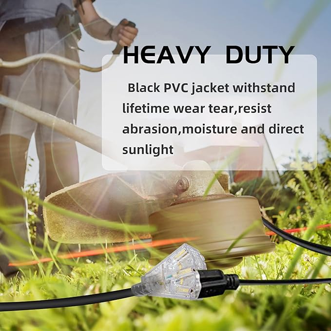 3-Outlets Indoor Outdoor Extension Cord Weatherproof with Lighted End, UL Listed, 12 Gauge 40FT Black 3 Prong Heavy Duty, 12/3 SJTW 15A Power Cord