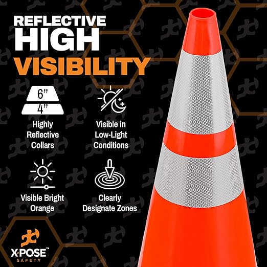 Xpose Safety 28 Inch Orange Traffic Cones with 6" & 4" Collars, 12-Pack - Multipurpose PVC Plastic Safety Cone for Parking, Soccer, Caution, Kids and Construction - DOT Approved