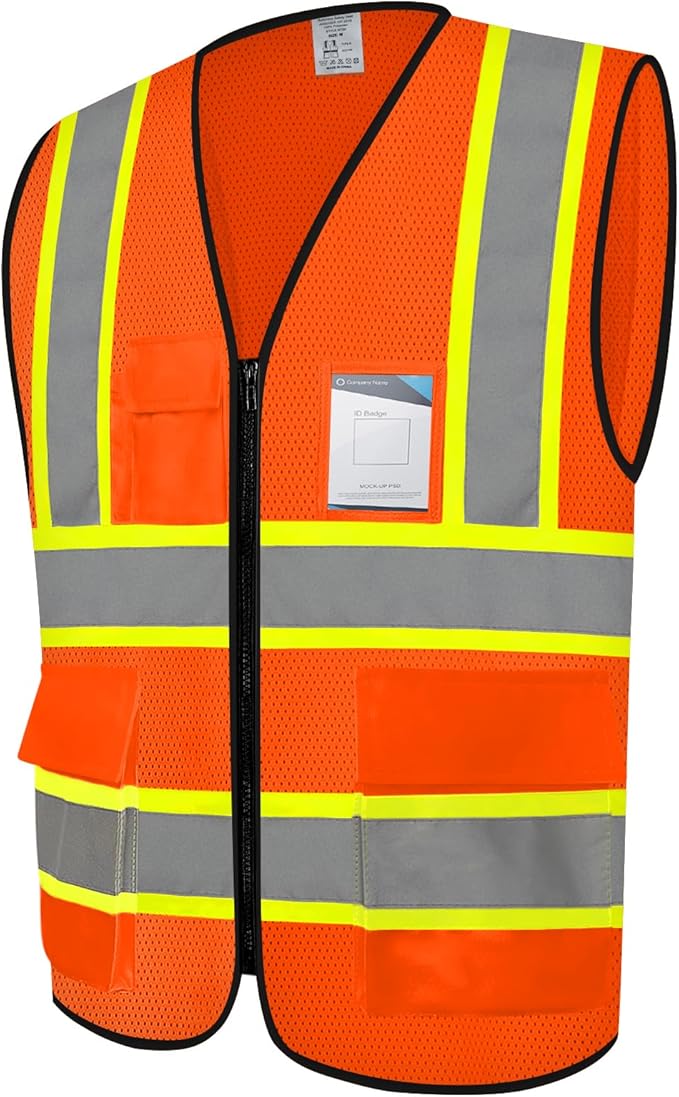 Safety Vest for Men Women 5 Pockets High Visibility Vest with Reflective Strips, Hi Vis Vest with Mesh Fabric, Breathable, (GR720-Orange,L).