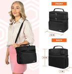 opux Insulated 2 Deck Lunch Bag for Men Women, Large Dual Compartment Cooler Bag for Work School Picnic, Leakproof with Strap for Kid Adult (Black)