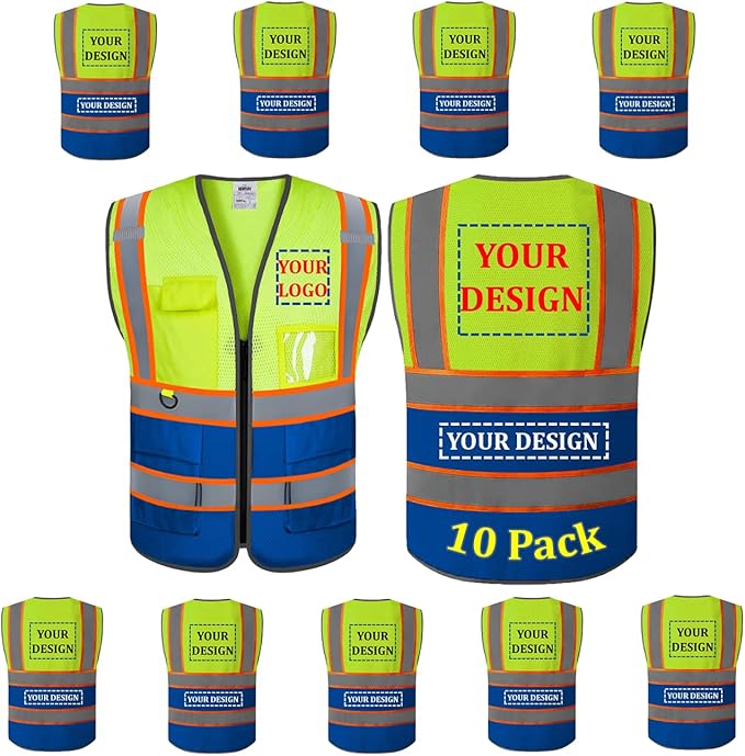 10 Pack Custom Safety Vest Customized Logo Mesh Vest Class 2 High Visibility Reflective Vest with Pockets Workwear（Yellow Blue，L ）