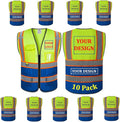 10 Pack Custom Mesh Safety Vest Customized Logo Class2 High Visibility Reflective Vest with Pockets Construction workwear（Yellow Blue，4XL ）