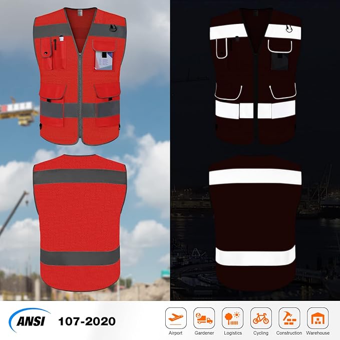 TCCFCCT Mesh Reflective Safety Vest 9 Pockets High Visibility Vest for Men Women, Hi Vis Reflective Work Vest for Safety, Meets ANSI/ISEA Standards, (Red, XX-Large)