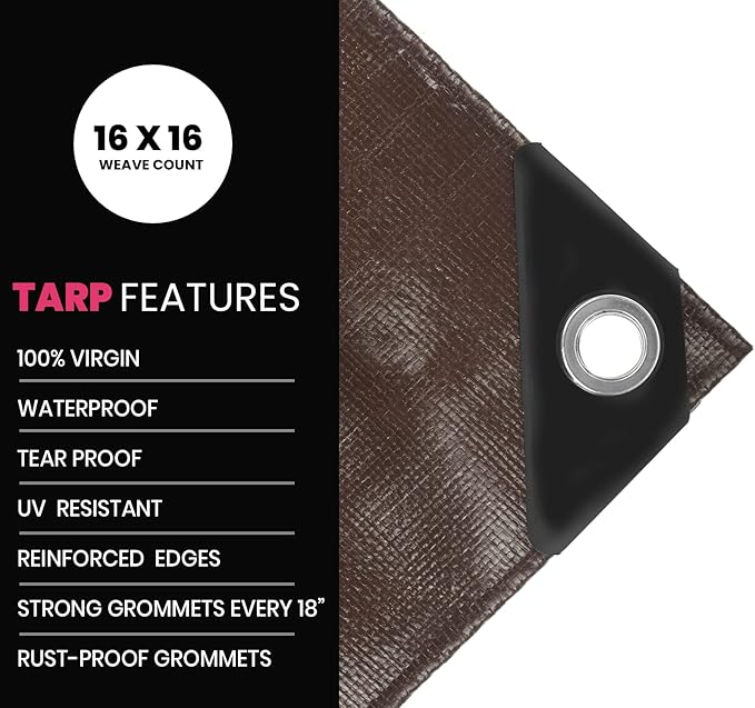 PROTARP Extreme Heavy Duty 22 Mil Tarp Cover, Waterproof, UV Resistant, Rip and Tear Proof, Poly Tarpaulin with Reinforced Edges for Roof, Camping, Patio, Pool, Boat. (Brown/Black 8′ X 10′)