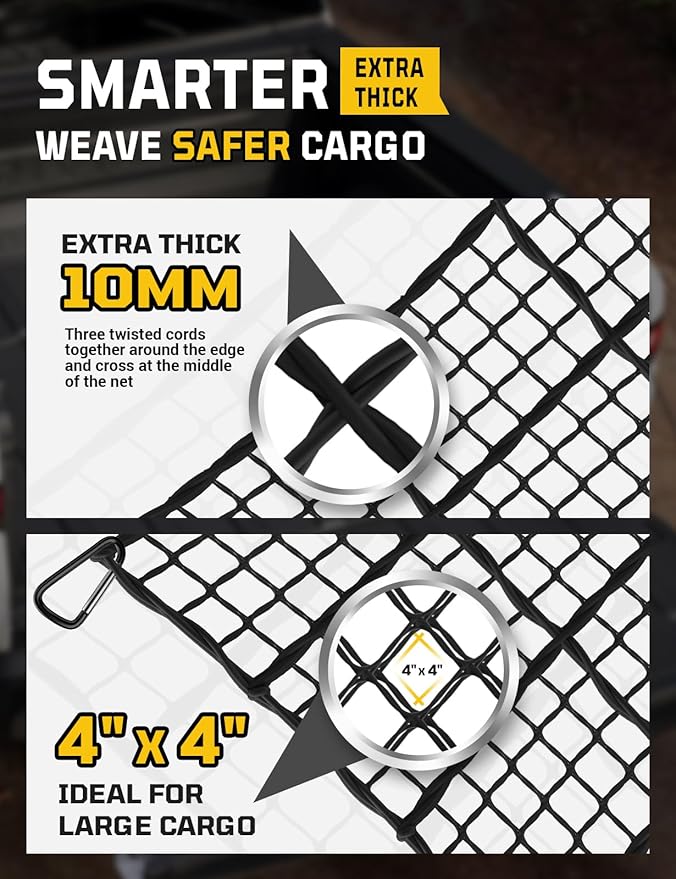 Cargo Net for Pickup Truck Bed - Stretchable 5' x 7' to 10' x 14' with 4" x 4" Mesh, Heavy Duty 10mm Cord Bungee Bed Netting with 12 Metal Carabiners - Ideal for ATV, SUV, UTV and Truck