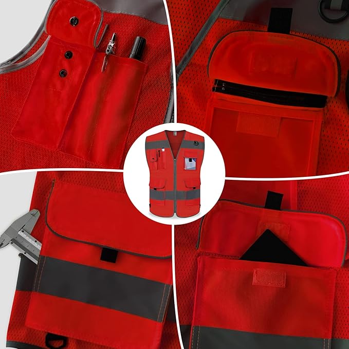 TCCFCCT Mesh Safety Vest 9 Pockets High Visibility Reflective Safety Vest for Men Women, Hi Vis Work Vest with Reinforced Sewing for Workers, Surveyors, Meets ANSI/ISEA, (Red, 3X-Large)