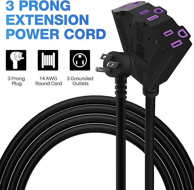 Outdoor Extension Cord 30 FT with 3 Outlets, 3 Prong 90 Degree Angled Plug, 12/3 Heavy Duty 12 Gauge Power Cable, 12AWG, SJTW, 15A, 125V, 1875W, ETL Listed, Black Wire, with Free Carrying Strap+Ties