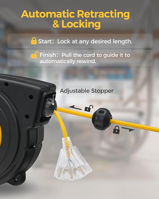 Retractable Extension Cord Reel, 50 FT Heavy Duty Power Cord, 14AWG/3C SJTOW, 3 Grounded Outlets Lighted Triple Tap, 13 Amp Circuit Breaker, UL Listed, Yellow Y50CR06