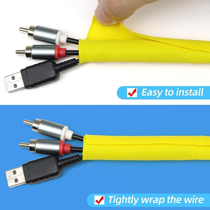 Automotive Wire Loom Tubing, Split Braided Cord Protectors from Pets No Chew, Flexible Cable Sleeve Cable Management for TV/Computer/Electric Wires (Yellow, 1"-10ft)