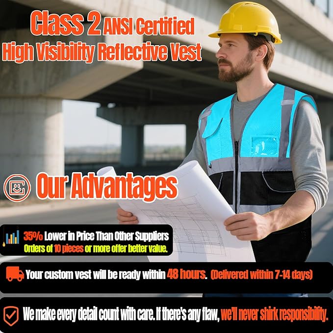 BeautyWill Custom Safety Vest Customized Logo Class 2 High Visibility Reflective Vest with Pockets Construction workwear