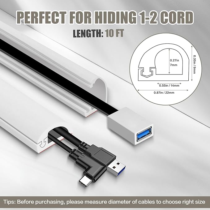 Cord Wall Cover, 118in Self-Adhesive Wire Covers for Cords on Wall, Extension Cable Hider for Floor, Mounted Tv, Home and Office Cavity 0.63" Wx0.31 H (White)