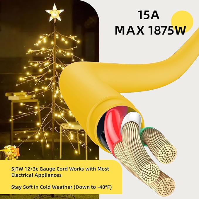 EP 50 Ft Outdoor Extension Cord, 12/3 SJTW Heavy Duty Extension Cable with 3 Prong Grounded Plug, 15 AMP Power Cord for Lawn, Garden, Appliances, Yellow