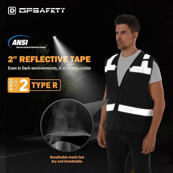 Reflective Safety vest With back plan pocket,High visibility Class 2 Heavy Duty Surveyor Vest with Zipper,Hi Vis Vest ANSI/ISEA Standard, Construction Work Vest for Men＆Women(Black,M)