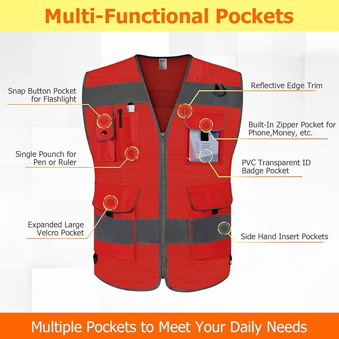 TCCFCCT Mesh Reflective Safety Vest 9 Pockets High Visibility Vest for Men Women, Hi Vis Reflective Work Vest for Safety, Meets ANSI/ISEA Standards, (Red, XX-Large)