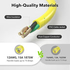 BN-LINK 15ft Outdoor Extension Cord, 12/3 SJTW Heavy Duty Power Cord, 3-Prong Grounded Plug, Weather Resistant, 15A, 1875W, Yellow, for Lawn, Garden, Appliances, ETL Listed