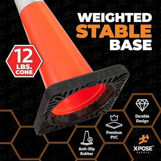Xpose Safety 36 Inch Orange Slim Line Traffic Cones Heavy Duty 12lb, 6" & 4" Collar - Bulk Half Pallet 125 Pack - Multipurpose PVC Plastic Safety Cone Parking, Caution & Construction - DOT Approved