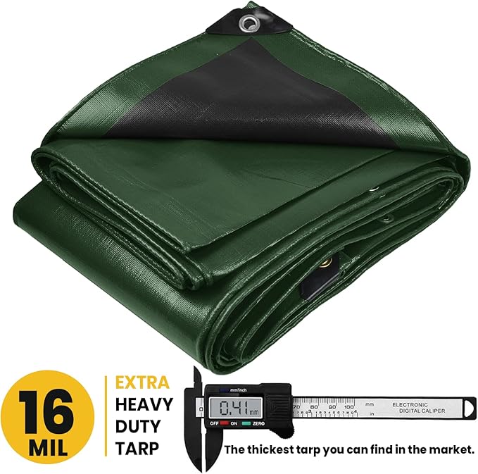 PROTARP Extra Heavy Duty 16 Mil Tarp Cover, Waterproof, UV Resistant, Rip and Tear Proof, Poly Tarpaulin with Reinforced Edges for Roof, Camping, Patio, Pool, Boat. (Green/Black 12′ X 12′)