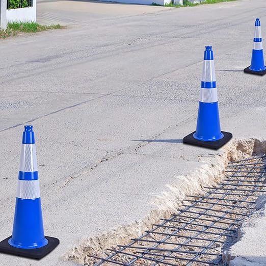 4 Pack 28 Inch Blue PVC Traffic Cones Black Base Stable Flexible, Road Safety Construction Zone Crowd Control Parking Safety Cones (4, Blue, 28 Inch)