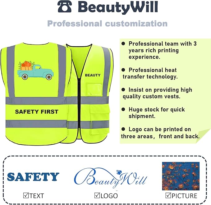 BeautyWill Safety Vest 1 pcs Customize Logo Class 2 High Visibility Reflective Vest with 5 Pockets Construction Security Work Vest ANSI/ISEA Standards