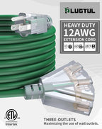 15Ft 12/3 Outdoor Extension Cord with 3-Outlets, Heavy Duty 12 Gauge 3 Prong Extension Cord Waterproof with Lighted end, 15A 12AWG 1875W SJTW, ETL Listed - Great for Garage, Garden and Home, Green