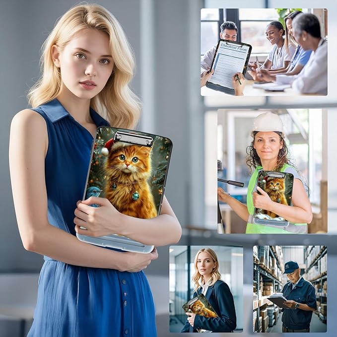 Clipboard with Storage Box & Pen Holder,Heavy Duty Clip Boards 8.5x11 for Nursing,High Capacity,School & Office Supplies,Christmas Cat Bird